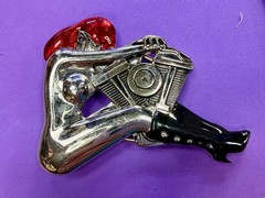 Woman Hugging V-Twin Engine with Red Enamel Hair Novelty Figural Belt Buckle