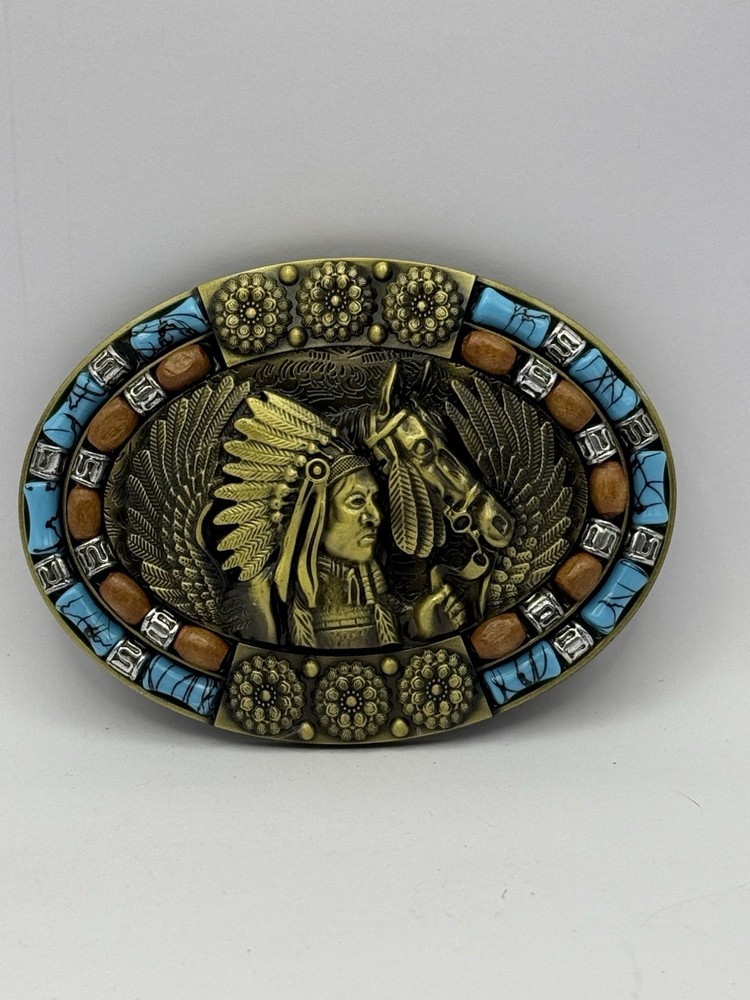 Brass Coloring Native American Buckle Western Cowboy Turquoise Stone Belt Buckle