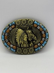 Brass Coloring Native American Buckle Western Cowboy Turquoise Stone Belt Buckle