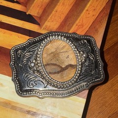 Silvered Brass & Set Sandstone Antique Made in USA Belt Buckle 3in height