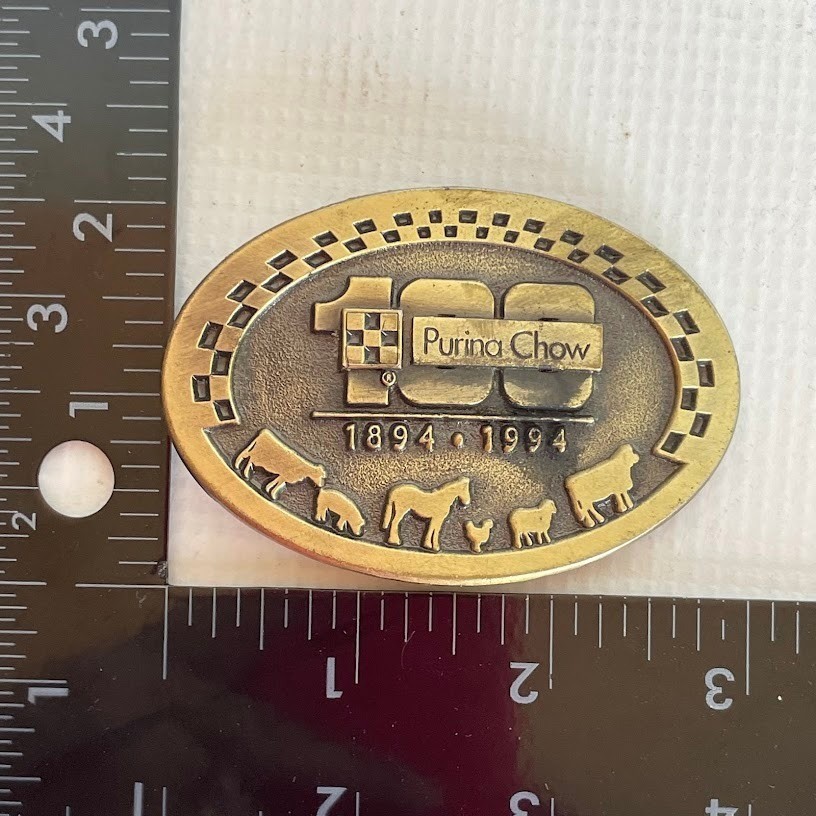 Vintage Purina Chow 100th Anniversary Belt Buckle 1894-1994 Brass Farm Animals