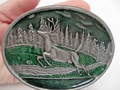 RARE Vintage Bergamot Bronze / Pewter Metal Jumping Deer/Elk Enamel Belt Buckle