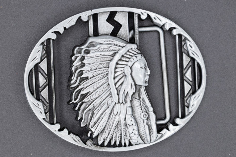 Indian Chief Profile Belt Buckle Headdress Southwestern Silver Oval