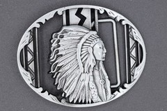 Indian Chief Profile Belt Buckle Headdress Southwestern Silver Oval
