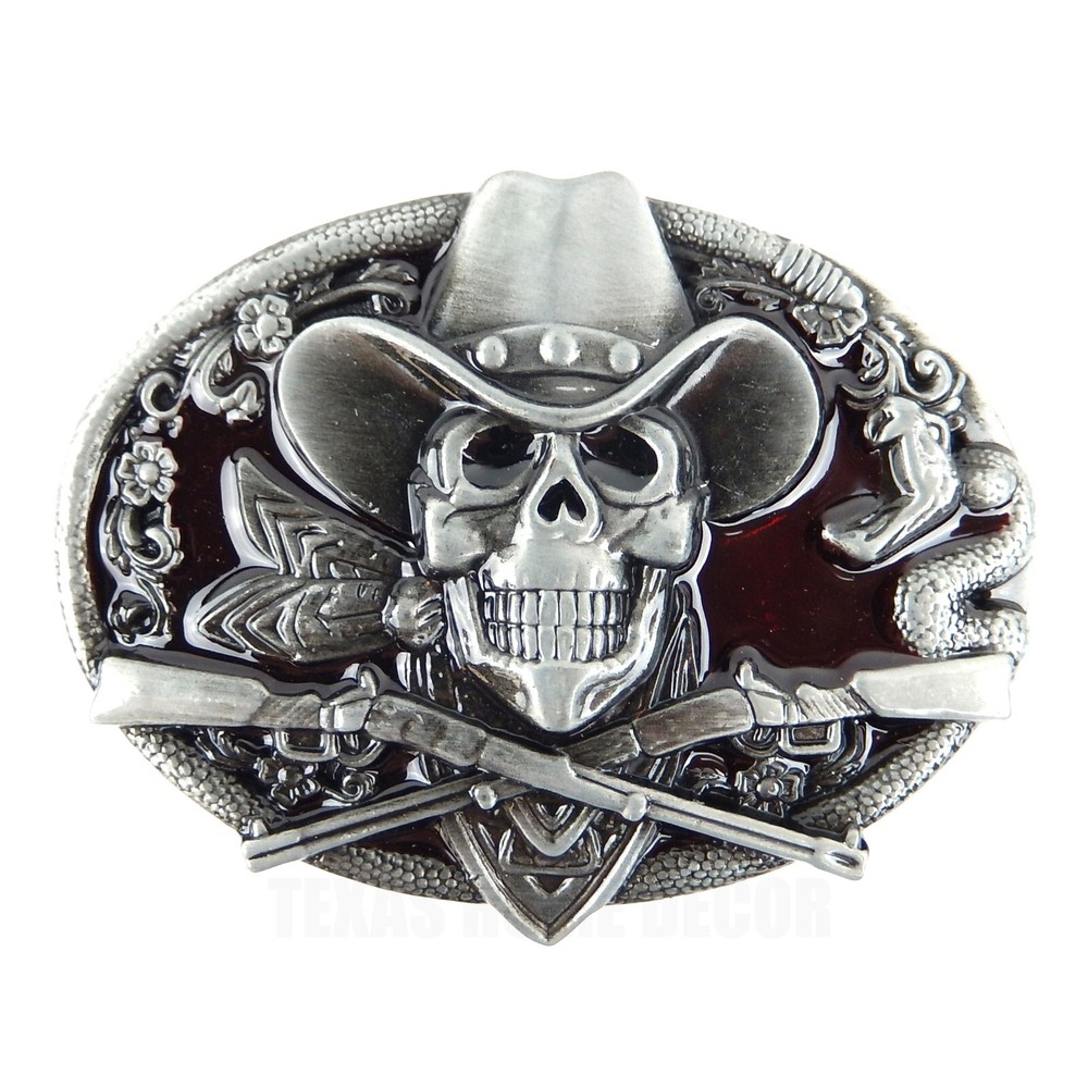 Dead Cowboy Belt Buckle Skull Guns Rattlesnake Red Enamel Inlay Fits 1.5&Prime; Belts