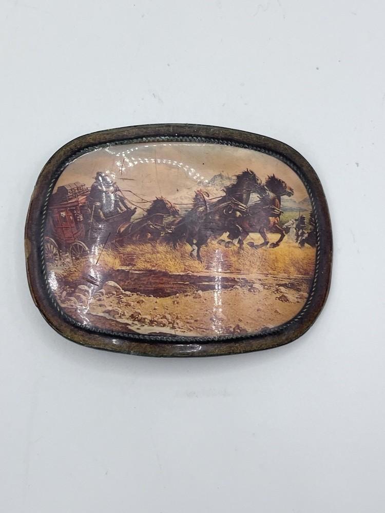 Vintage Metal Belt Buckle Stage Coach Wells Fargo Western Horses SEE PHOTOS