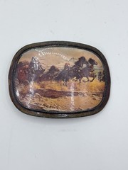 Vintage Metal Belt Buckle Stage Coach Wells Fargo Western Horses SEE PHOTOS