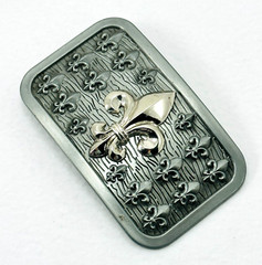 Belt Buckle Gold Tone Fleur De Lie Emblem on Silver Tone Rectangular