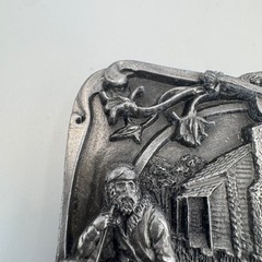 Vintage Missouri State Belt Buckle Pioneer Log Cabin Fiddle Banjo Pewter Tone