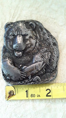 Bergamot Brass Works Pewter Finish Bear Fishing for Salmon Belt Buckle Vtg 1973