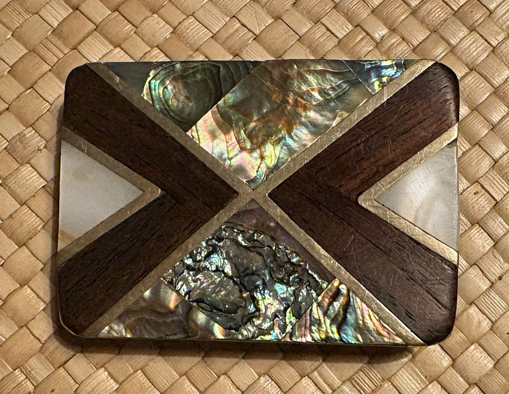 Vintage Mexico Wood & Shell Inlay Belt Buckle 2X3 in
