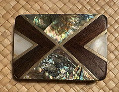 Vintage Mexico Wood & Shell Inlay Belt Buckle 2X3 in