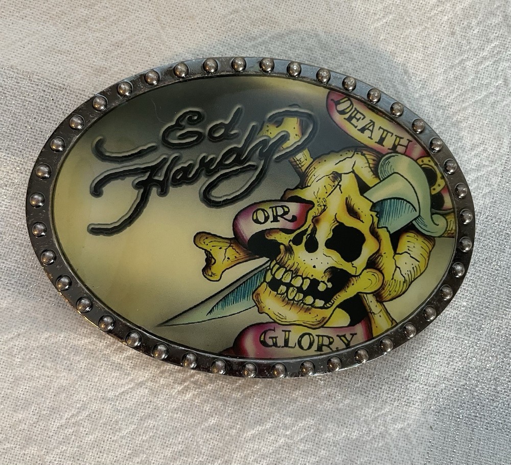 Ed Hardy Skull Belt Buckle Death Or Glory Glossy With Metal Trim