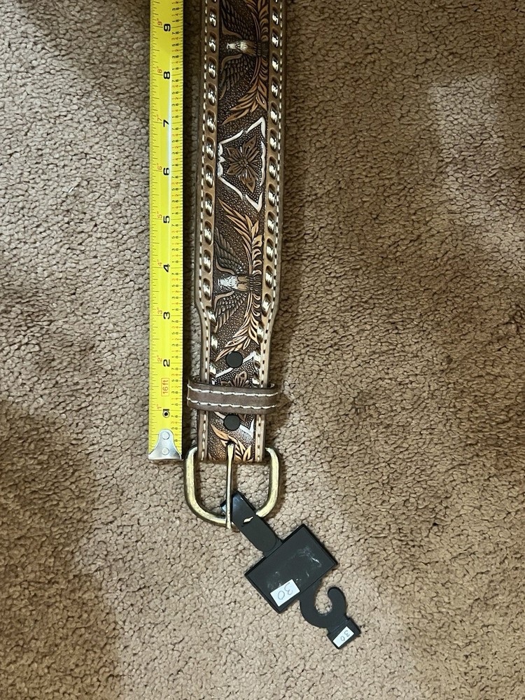 Handmade Patriotic Western Belt 30-Eagles-Brn/White-Lace-Stitches-Buckle-Leather