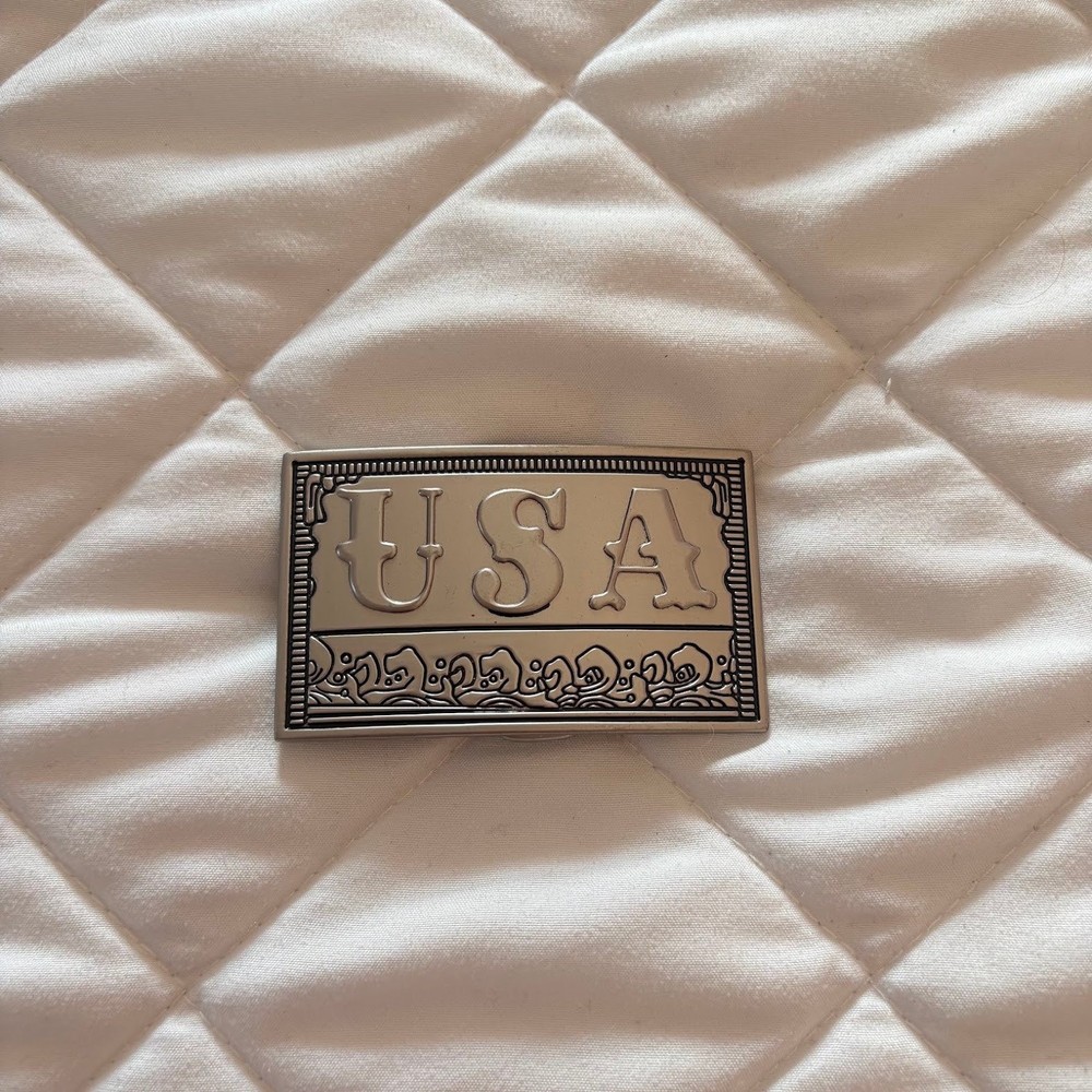 Vintage USA Silver Tone Rectangular Belt Buckle Western Patriotic 90s Country
