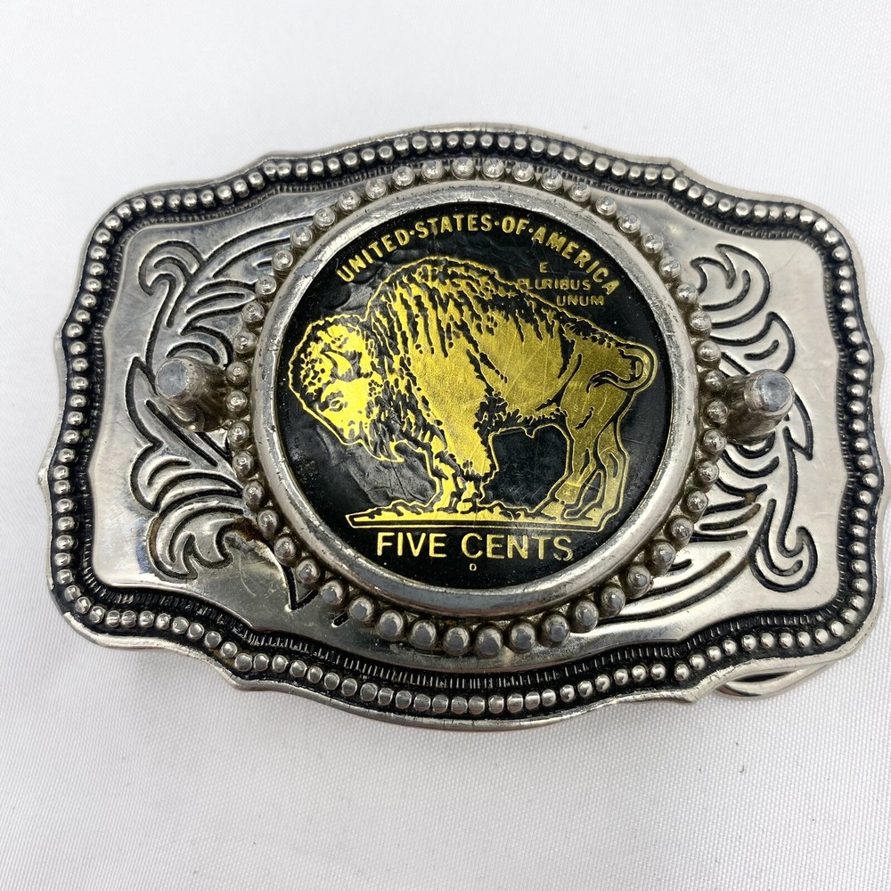 Vintage Western Belt Buckle Buffalo Nickel Metal ZB-005 3×2” Silver Toned USA