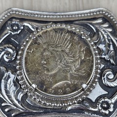 Vtg 1923 Peace Silver Dollar Coin Belt Buckle Engraved Scrollwork Western Cowboy