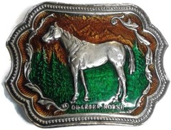 Vintage Pewter Quarter Horse Belt Buckle Green Brown Scenic Design Enameled