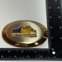 Gold Tone Oval Belt Buckle Die Cast Train Locomotive Yellow Blue