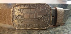 Men&rsquo;s Leather Belt Sz M w/ Buick Belt Buckle Wyoming Studio Art Works Vtg Car