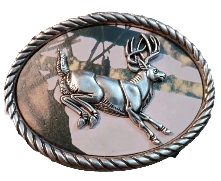 Nocona Belt Buckle Camo Deer Rope Edge Silver Tone Oval Leaping White Tail
