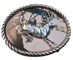 Nocona Belt Buckle Camo Deer Rope Edge Silver Tone Oval Leaping White Tail