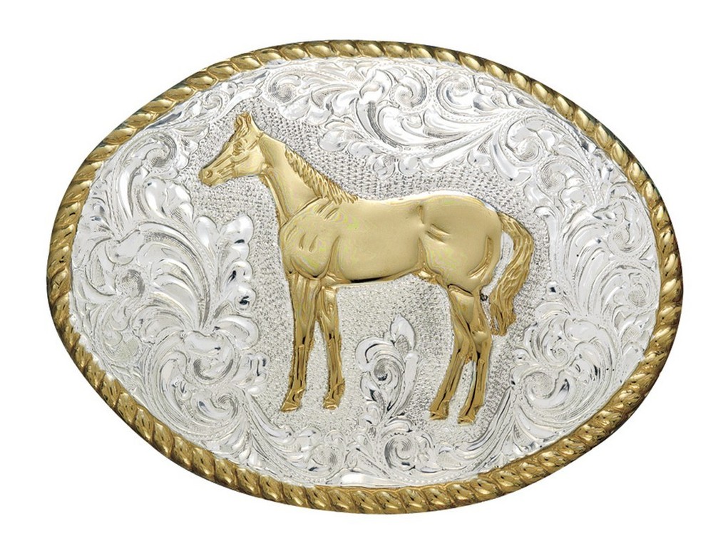 Crumrine Western Belt Buckle Standing Horse Rope Silver Bronze C01578