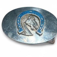 Vintage Silver tone belt buckle with blue enamel horse and horseshoe (xs1)