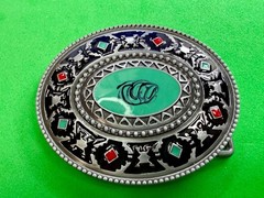Southwestern Tribal Pattern Blue Red Enamel Colored Belt Buckle in New Condition