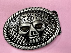 Skull With $ Dollar Sign Halloween Black & Silver Color Gothic Vibe Belt Buckle