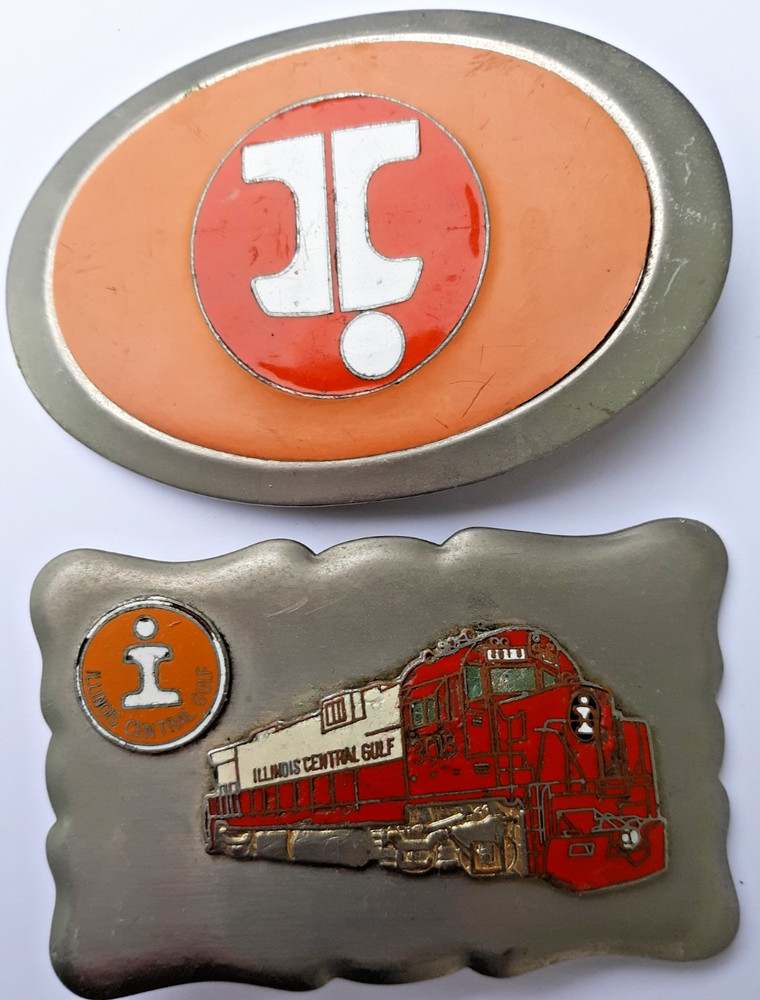 2 Illinois Central Gulf railroad belt buckles orange oval & 3015 engine