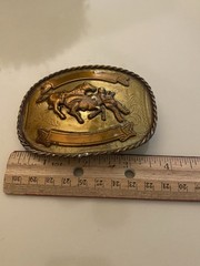 Vintage Western Cowboy Calf Roping Bull Rider Rodeo Nickle Silver Gold Buckle