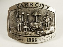 1986 Park City Utah Ice Cream Cart Belt Buckle by Michael Ricker 11215 W Box