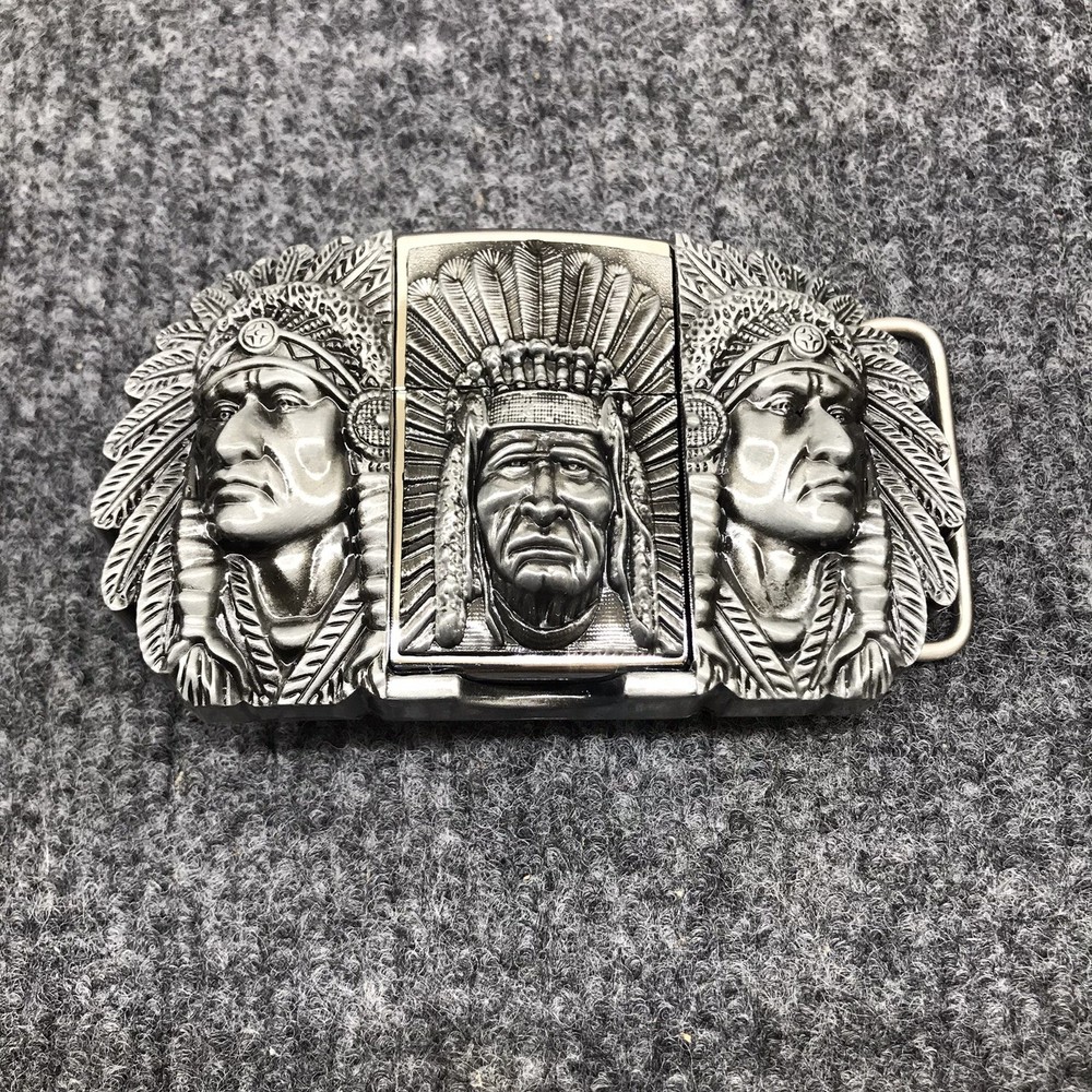 Antique Brushed Indian Chief Head Belt Buckle with Lighter, Stock in US