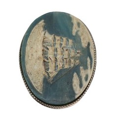 Vintage Incolay Stone Belt Buckle Cameo Sailing Ship Boat Clipper Nautical BLUE