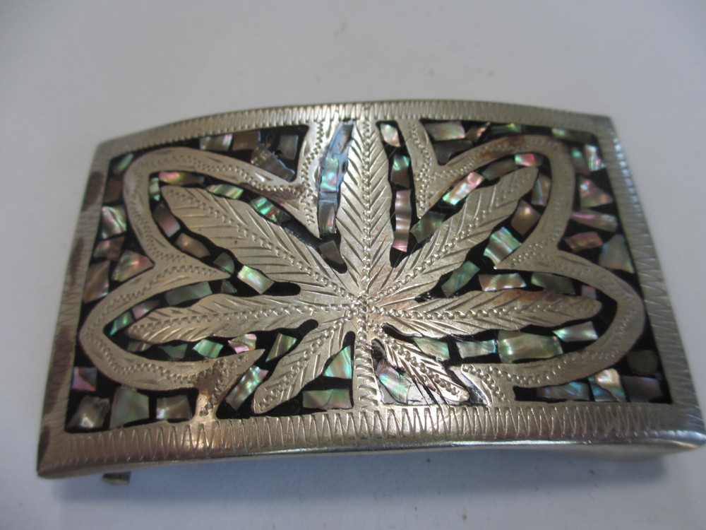 vintage 1970s SILVER PLATE ABALONE SHELL cannabis marijuana LEAF BELT BUCKLE