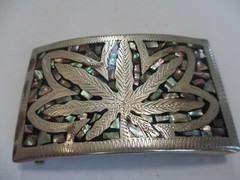 vintage 1970s SILVER PLATE ABALONE SHELL cannabis marijuana LEAF BELT BUCKLE