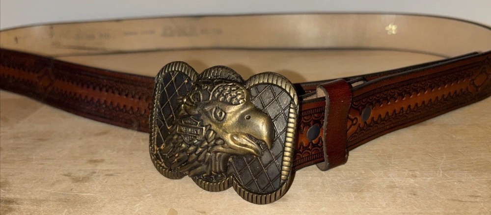 Harley Davidson USA Eagle Belt Buckle & A Size 42 Leather Belt. Length 48”
