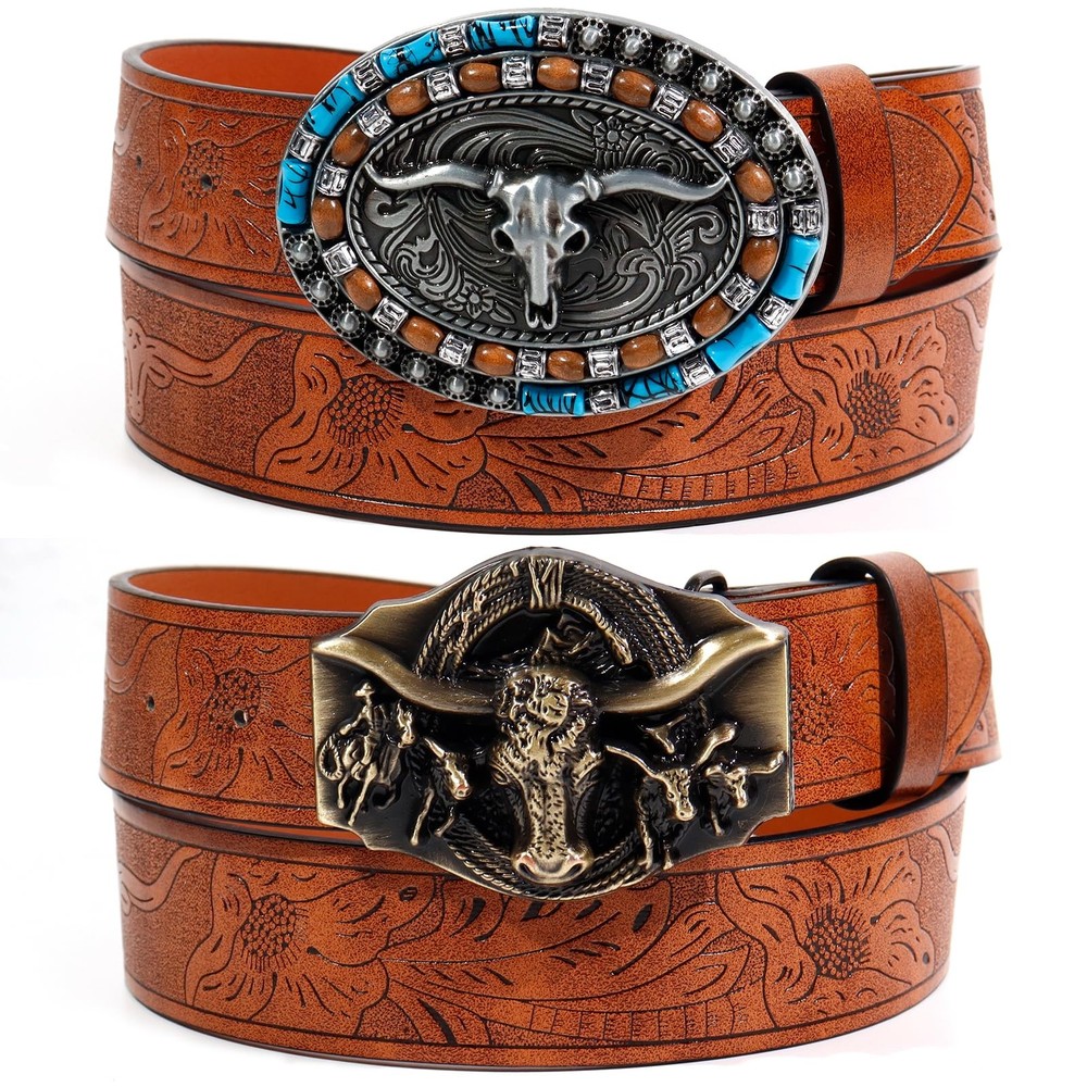 VASTRISE 2Pcs Western Cowboy Belts for Men 120cm, Gold+turquoise