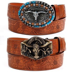 VASTRISE 2Pcs Western Cowboy Belts for Men 120cm, Gold+turquoise