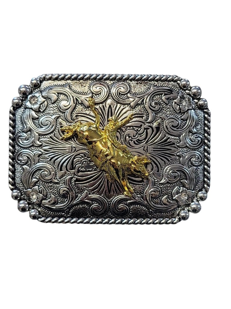 Cowboy Belt Buckle For Man – Bull Rider 4 1/4&Prime;x3 1/8&Prime; Silver Tone/Gold