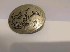 Vtg Mexico Western Horse Belt Buckle Handmade Silver Tone Inlaid Ablone Shell 3&Prime;