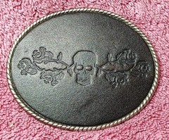 Skull With Roses & Brambles Belt Buckle on Stamped Black Leather 3.75&Prime; x 3&Prime;