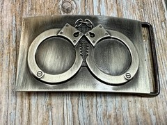 Hand Cuffs Raised Handcuffs on Silver Color Rectangular Belt Buckle