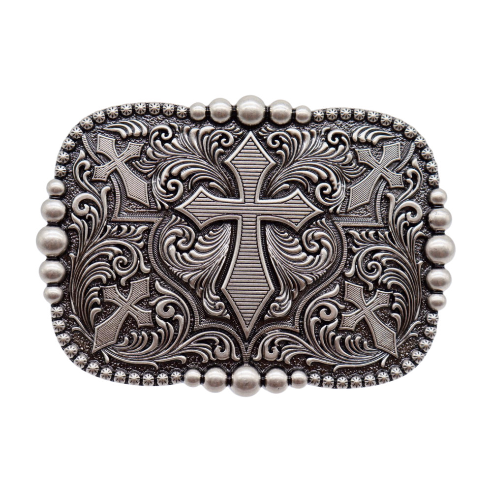 Men Women Western Belt Buckle Rusty Silver Metal Cross Religious Weekend Outfit