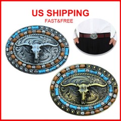 Western Cowboy Belt Buckle Unisex Turquoise Cow Skull Longhorn Belt Buckle