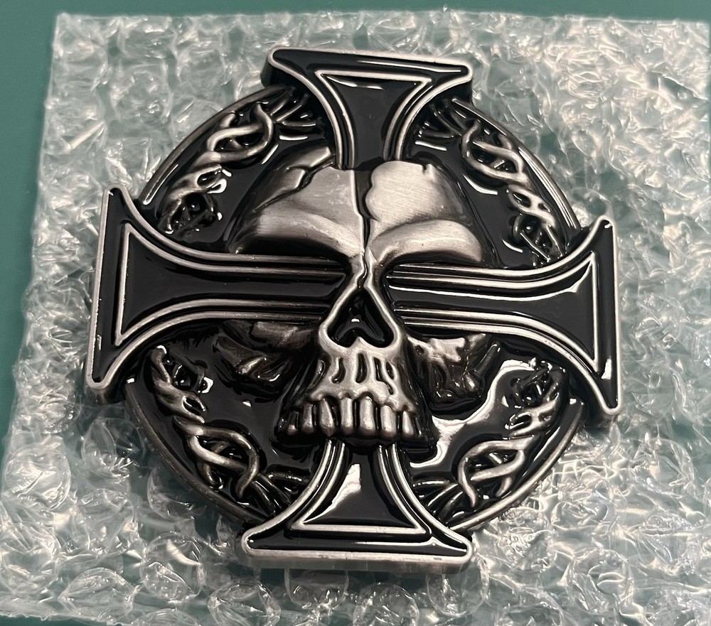 Bikers Belt Buckle Iron Cross And Skull