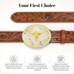 Cowboy Belts for Men Women, 35&Prime;-38&Prime; Wasit Adjustable Brown/Gold Bull Buckle