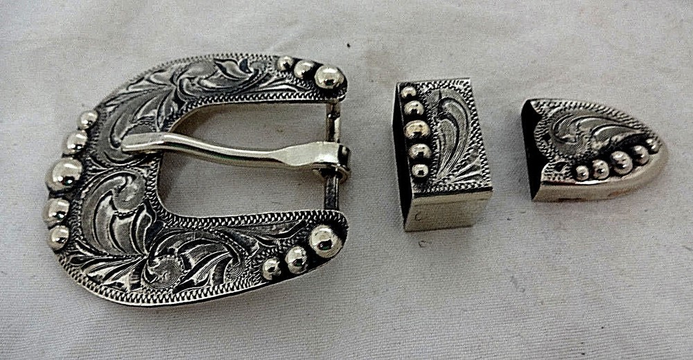 Antiqued Manzanillo 3 Piece Belt Buckle Loop Tip Hansen Western Silver Plate New