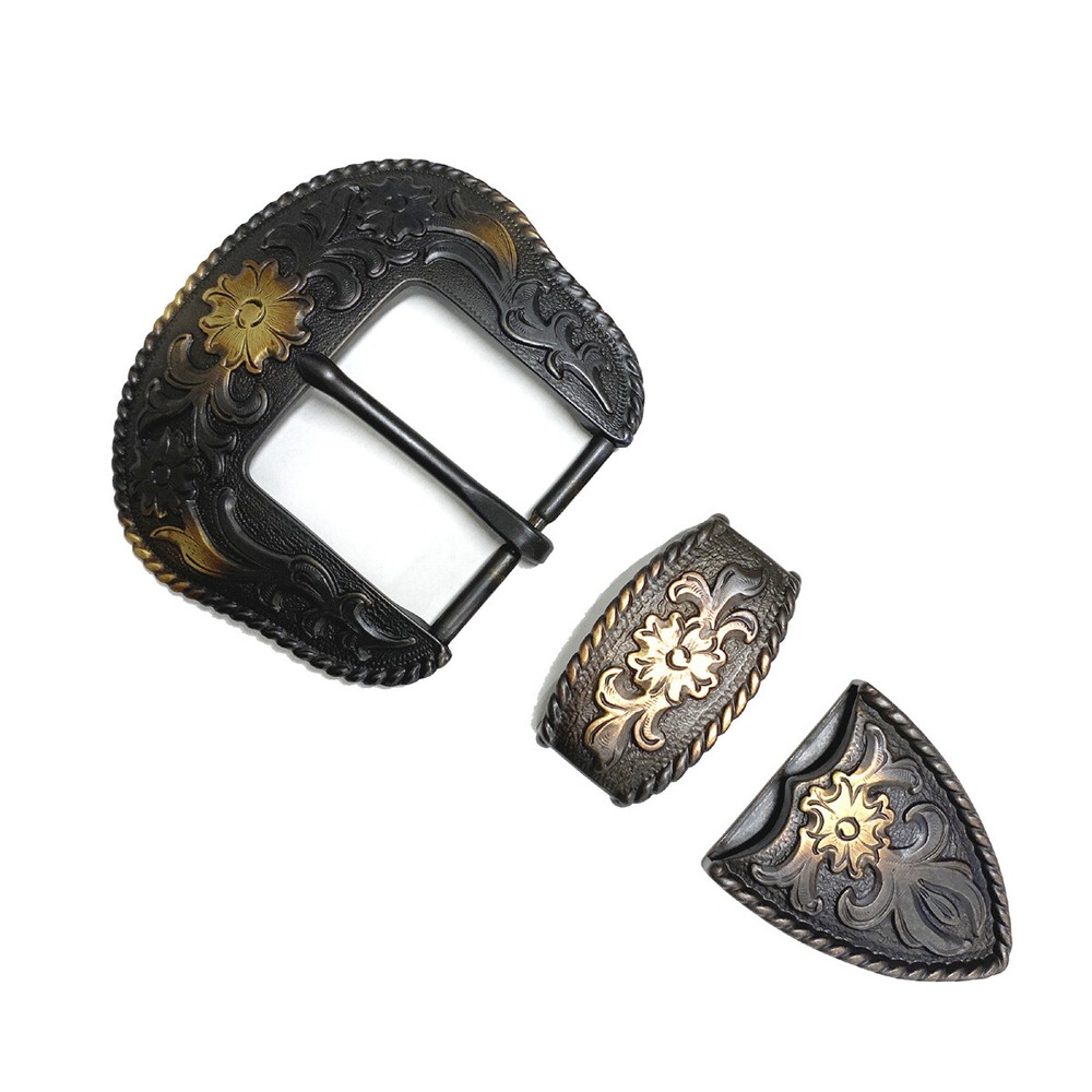 WESTERN COWBOY ANTIQUE BRASS ENGRAVED ROPE EDGE BUCKLE SET FITS 1-1/2&Prime; BELT